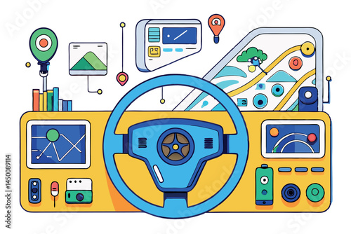 Futuristic steering wheel in self driving car, showing advanced control systems and navigation technology with touchscreens and sensors