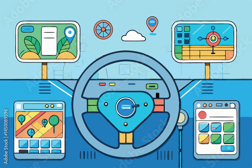 Futuristic autonomous driving cockpit with smart steering wheel, navigation maps, and advanced controls for self driving cars