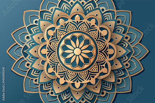 Exquisite laser cut mandala pattern in gold and teal, featuring delicate layers and fine detailing, perfect for a luxurious and artistic interior decoration