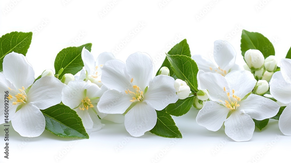 Obraz premium White flowers and green leaves form a seamless border