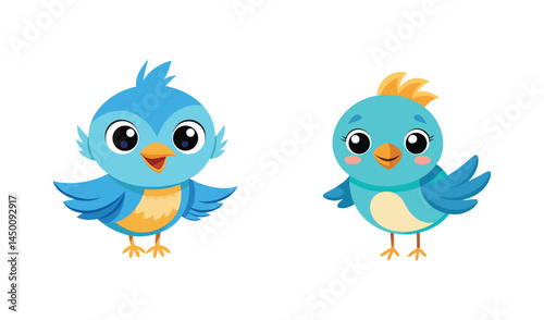 Two cute cartoon blue birds illustration