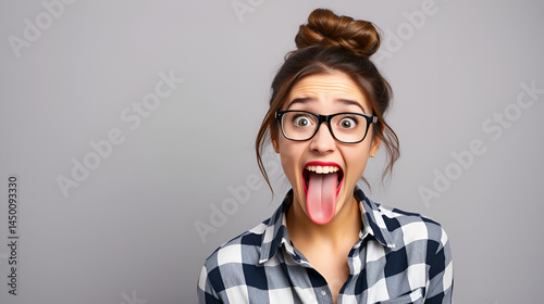 Portrait of foolish crazy playful woman with bun hairstyle looking at camera with open mouth and showing tongue out, wearing checkered shirt. Indoor studio shot isolated on gray background.