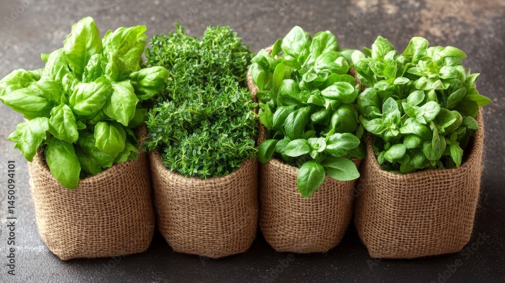 Naklejka premium Fresh Basil Thyme Herbs Planted In Burlap Pots