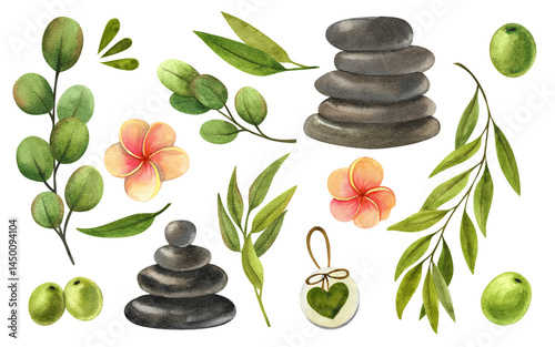 Accessories for thai massage. Hand drawn illustration of flowers, bottles, bath towels on white isolated background for aromatherapy design. Relaxation nature drawing clip art stock illustration