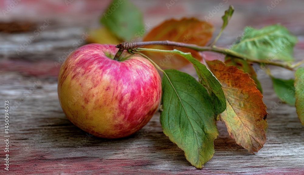 Fresh red apple with leaves on a wooden table, showcasing natural simplicity and autumn colors. Fresh red apple with leaves on a wooden table, showcasing natural simplicity and autumn colors.