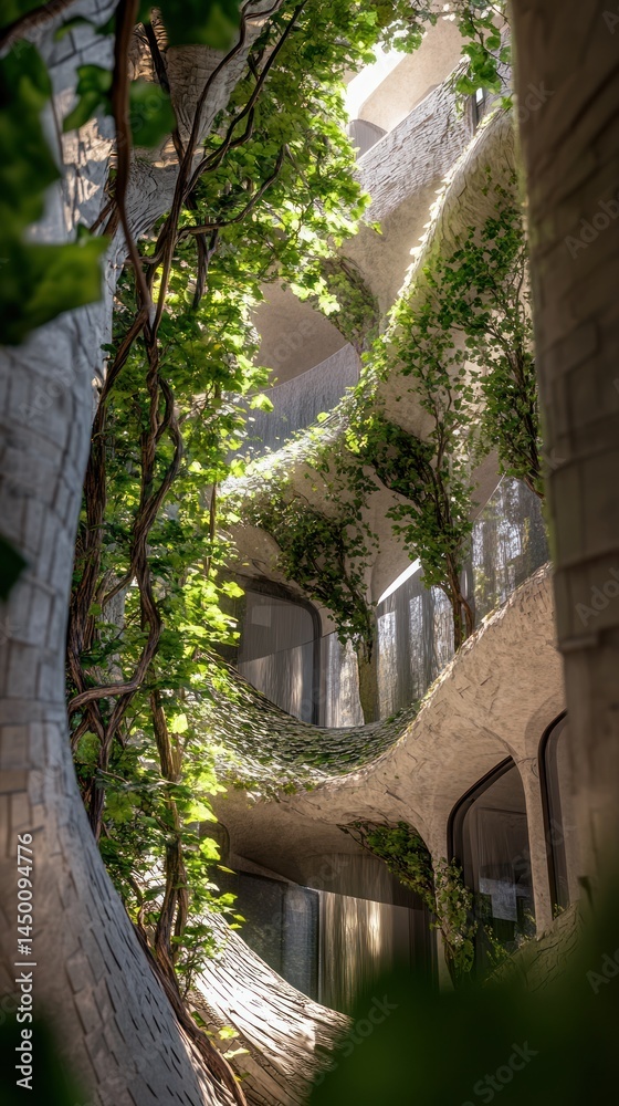 Obraz premium Lush greenery thrives within a modern, organic architecture's curving interior.