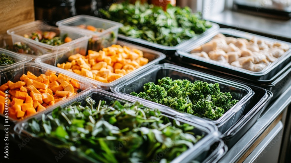 Assorted Prepared Vegetables And Chicken In Containers