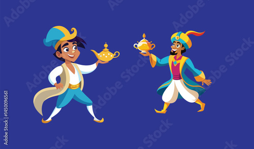 Two cartoon genies with magic lamps and wishes