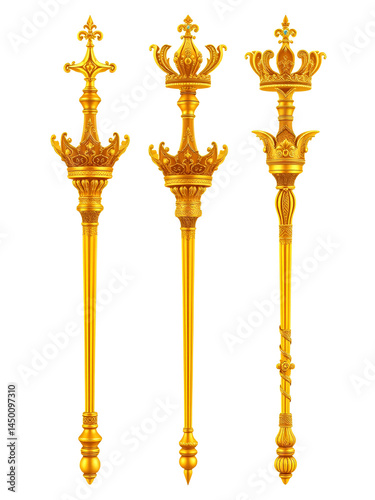 Gold royal scepters, king and queen wands. Vector realistic set of ancient golden rod, royalty symbol of monarchy and imperial power. Medieval jewelry sceptre, coronation insignia