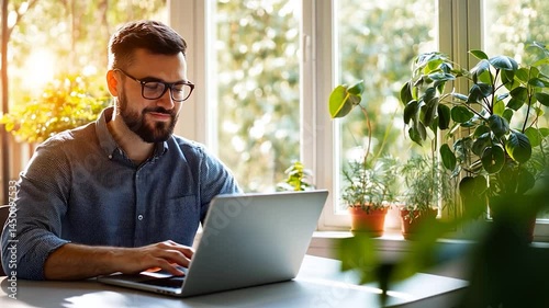 Man working on laptop by window, bright daylight, plants