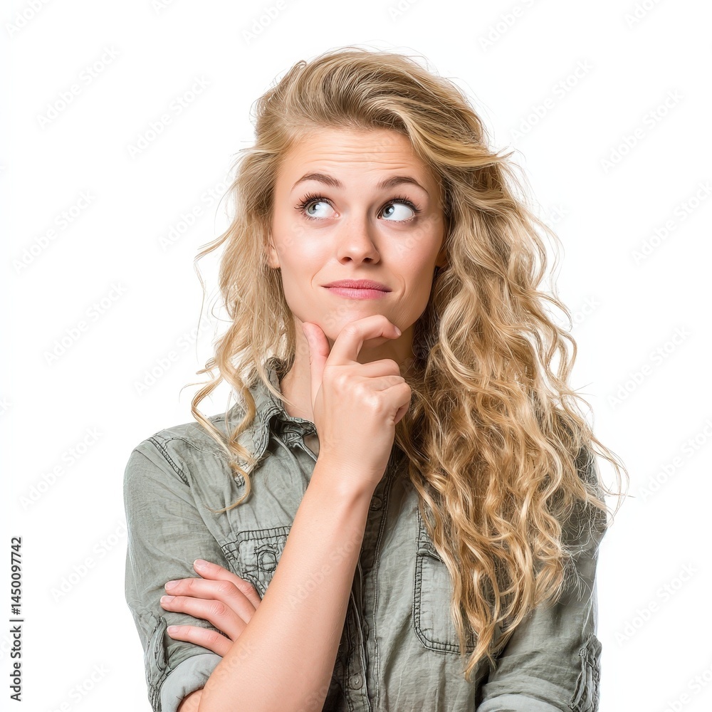 Thoughtful Young Blonde Woman Contemplating Pensive Expression Casual Style Thoughtful Young Blonde Woman Contemplating Pensive Expression Casual Style