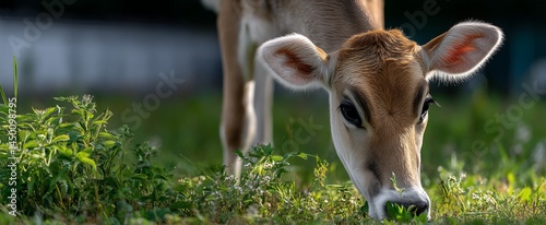 Calf Grazing in a Meadow