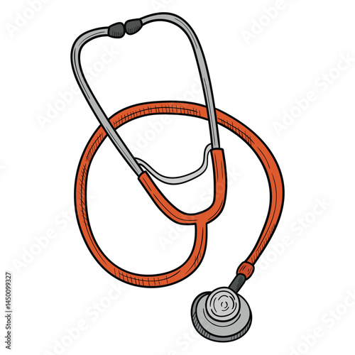 Hand drawn cartoon orange medical stethoscope on white background.