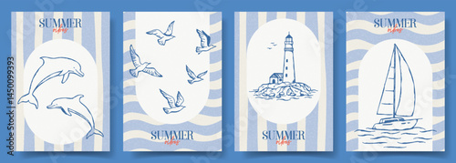 Set of trendy hand drawn cards. Vector doodle vintage posters with seagulls, lighthouse, yacht, dolphins, typography design. Retro flyers for party, holiday, event, poster, invitation, banner.