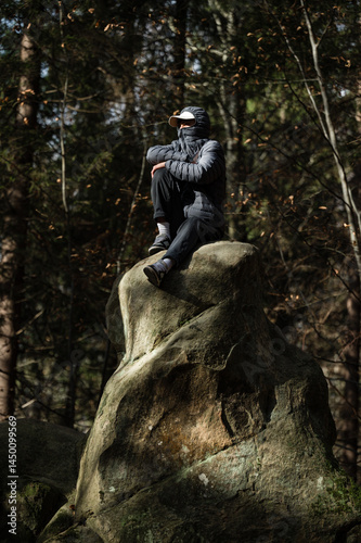 A lone figure rests on a large rock formation within a sun-dappled forest. The scene evokes a sense of tranquility and contemplation.