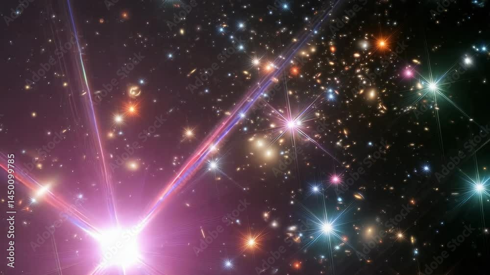 Majestic Galaxy Cluster Distant Stars Cosmic Wonders Night Sky Deep Space Exploration, sparkly glitters motion background