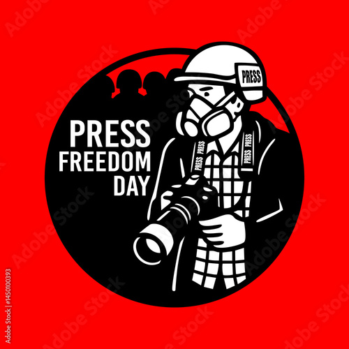 Powerful vector illustration symbolizing press freedom. a journalist wearing protective helmet marked "PRESS" and a gas mask, holding a professional camera. In background of policeman or army guarding