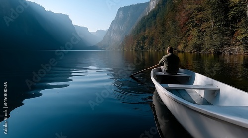 Calm serenity on a tranquil lake.  A solitary figure rows a small boat on a glassy lake
