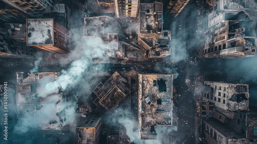 Aerial view of destroyed urban area with damaged buildings and rising smoke in foggy atmosphere background Aerial view of destroyed urban area with damaged buildings and rising smoke in foggy atmosphere background