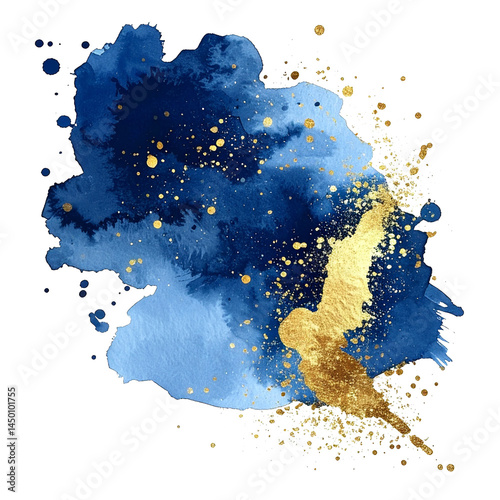 Luxury navy blue and gold watercolor abstract splash isolated on transparent or white background	
