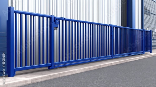 A modern blue sliding gate with vertical slats in an industrial setting beside a concrete path