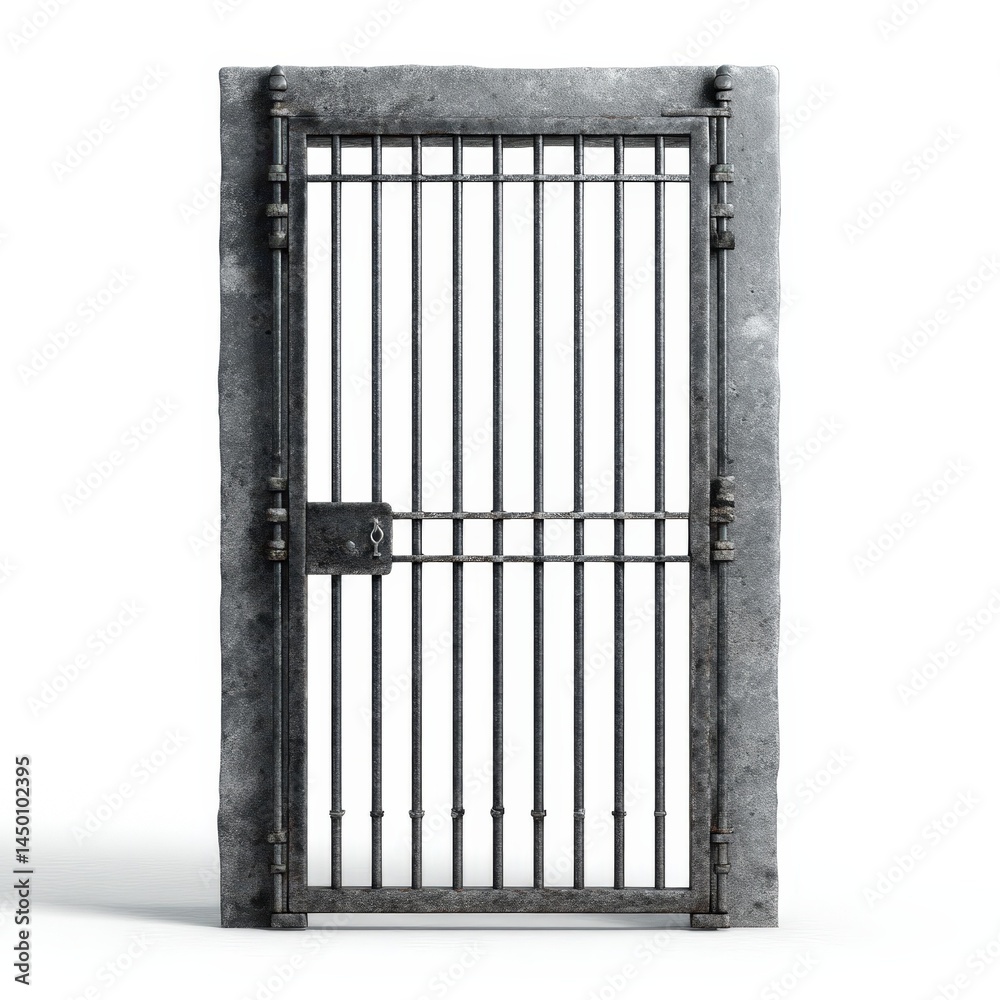 Sturdy Metal Prison Gate in Stone Frame Isolated on White Background Heavy Duty Security Door Sturdy Metal Prison Gate in Stone Frame Isolated on White Background Heavy Duty Security Door