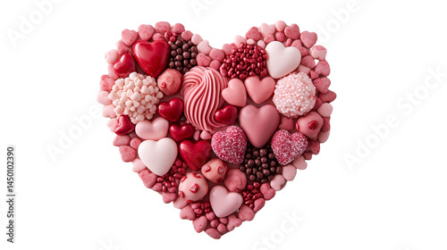 A heart shaped arrangement of various pink and red candies on a white background surface