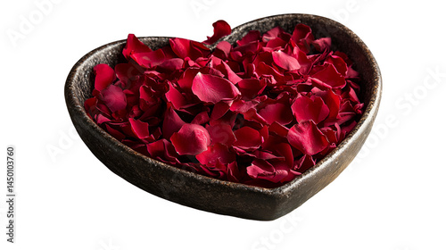 Rose petals in a heart shaped bowl on a white background for valentines day or romantic occasion