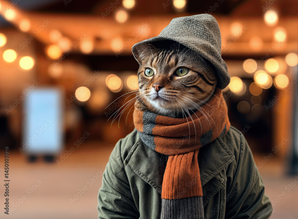 A cat in a hat and scarf, looking contemplative in a dimly lit space.