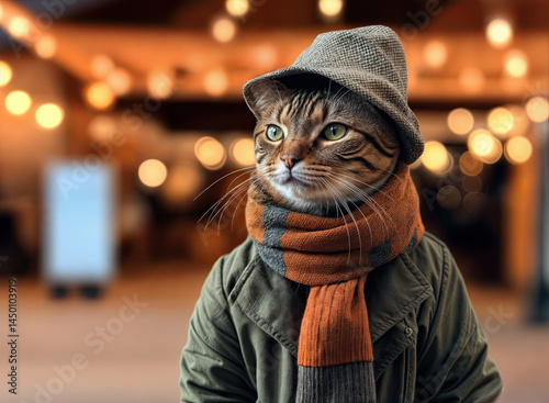 Obraz na płótnie A cat in a hat and scarf, looking contemplative in a dimly lit space. w salonie