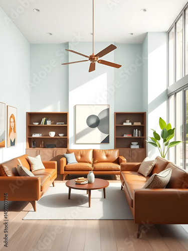 Minimalist, modern mid century modern interior design in a well-lit living room with mint-finished walls and light brown leather sofas.
