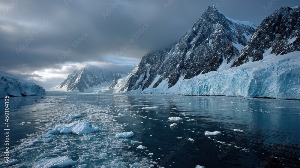 Fototapeta premium A pristine glacier meeting the ocean under dramatic clouds, with icy blue textures and melting streams running into the sea