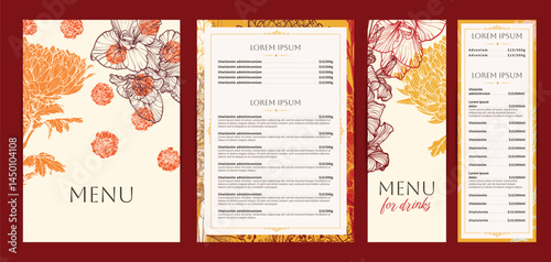 Elegant food and drinks menu designs. Restaurant menu template. Beautiful vector A4 format with high quality chrysanthemum, marigold, gladiolus. Hand drawn line art autumn flowers illustrations.