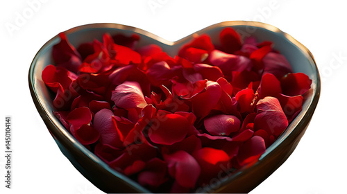 A heart shaped bowl filled with vibrant red rose petals against a white background space