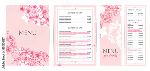 Elegant pink food and drinks menu designs. Restaurant menu template. Beautiful vector A4 format with high quality flowers for print and online usage. Hand drawn line art cherry blossoms illustrations.