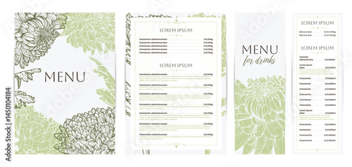 Elegant food and drinks menu designs. Restaurant menu template. Beautiful vector A4 format with high quality flowers for print and online usage. Pastel hand drawn line art chrysanthemum illustrations.