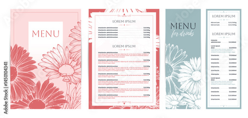 Elegant food and drinks menu designs. Restaurant menu template. Beautiful vector A4 format with high quality flowers for print and online usage. Pastel hand drawn line art daisies illustrations.