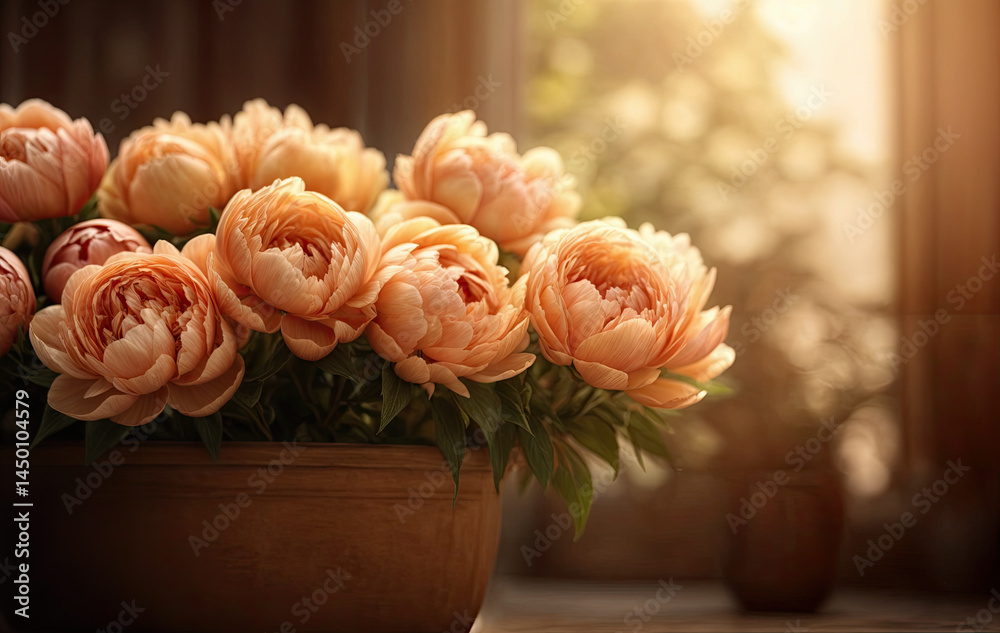 Close-up view of a cluster of peonies, showcasing their intricate textures and vibrant peach hues.