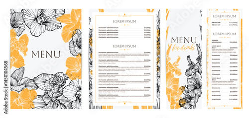 Elegant food and drinks menu designs. Restaurant menu template. Beautiful vector A4 format with high quality flowers for print and online usage. Saturated hand drawn line art gladiolus illustrations.
