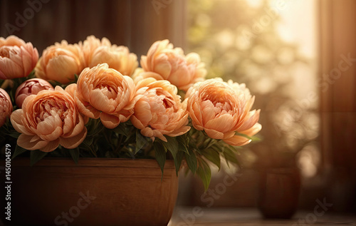 Close-up view of a cluster of peonies, showcasing their intricate textures and vibrant peach hues.