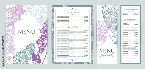 Elegant food and drinks menu designs. Restaurant menu template. Beautiful vector A4 format with high quality flowers for print and online usage. Saturated hand drawn line art lilac illustrations.
