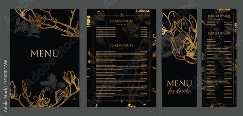 Luxurious food and drinks menu designs. Restaurant menu template. Elegant vector A4 format with high quality flowers for print and online usage. Golden hand drawn line art magnolia illustrations.
