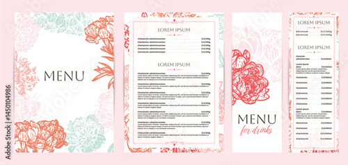 Colorful food and drinks menu designs. Restaurant menu template. Beautiful vector A4 format with high quality flowers for print and online usage. Saturated hand drawn line art peony illustrations.