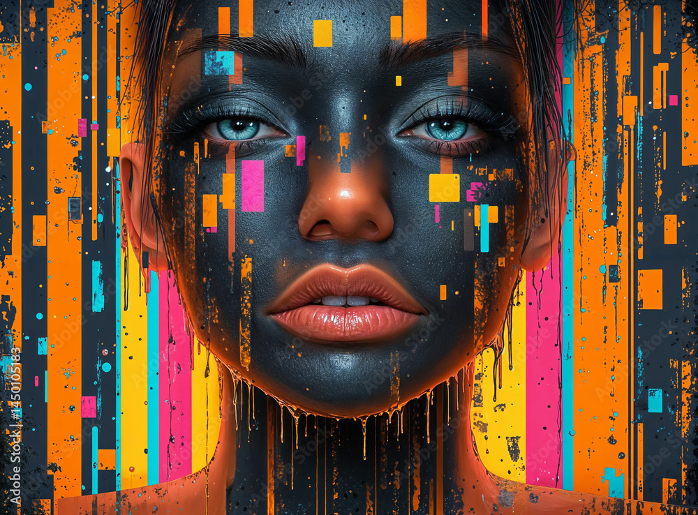 Intricate design elements and dripping paint create a captivating visual narrative on the woman's face, highlighting the artist's skill in color and form.