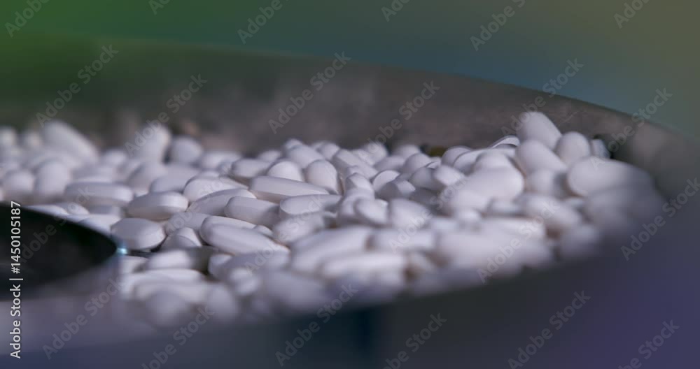medicine tablets Manufacturing industry close up. machine packaging tablets. equipment sealing tablets in packets. automatic sealing machine in a pharmaceutical manufacturing.	