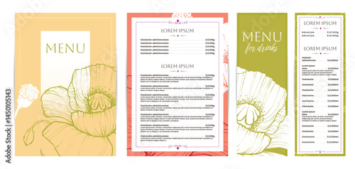 Elegant food and drinks menu designs. Restaurant menu template. Beautiful vector A4 format with high quality flowers for print and online usage. Saturated hand drawn line art poppies illustrations.