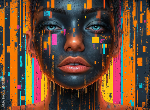 Obraz na płótnie Intricate design elements and dripping paint create a captivating visual narrative on the woman's face, highlighting the artist's skill in color and form. w salonie