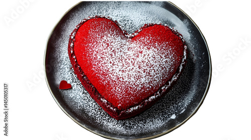 Heart shaped red velvet cake dusted with powdered sugar on a dark plate viewed from above
