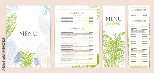Elegant food and drinks menu designs. Restaurant menu template. Beautiful vector A4 format with high quality lily of the valley, snowdrop, hyacinth. Pastel hand drawn line art spring illustrations.