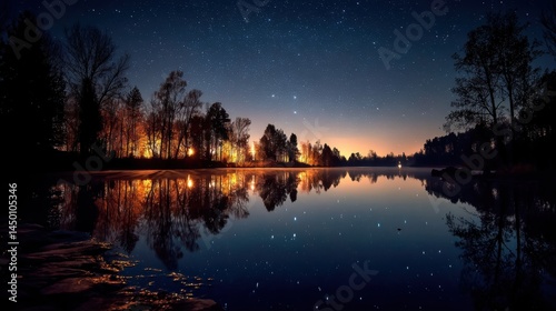 Fototapeta Naklejka Na Ścianę i Meble -  A still lake at night with stars reflecting on the surface and silhouettes of trees along the shore